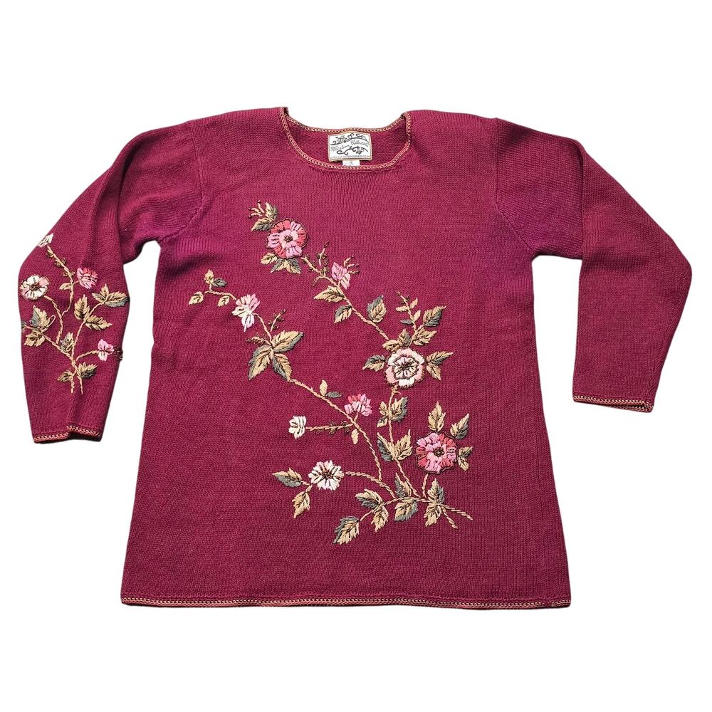 Vintage Heirloom Collectibles Floral Embroidered Knit Sweater w. Shoulder Pads